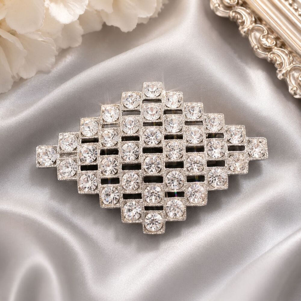 Vintage Silver Tone Rhinestone Diamond Shaped Bar Style Brooch